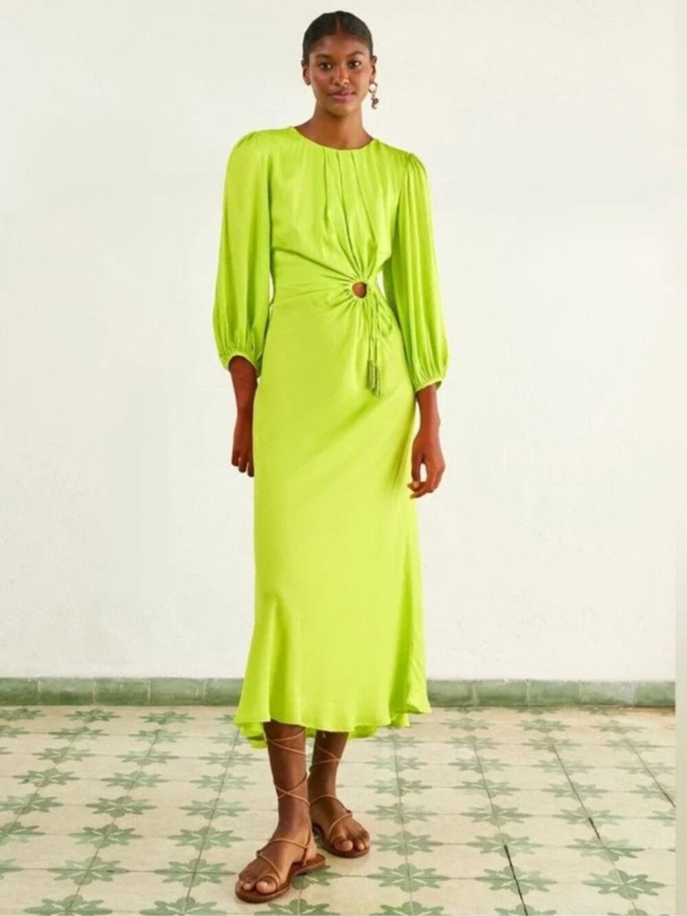 Farm Rio Ruched Midi Dress In Lime Green, Size L